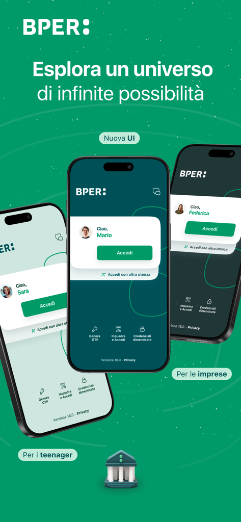 BPER Banca app welcome screen showing login options for personal business and teen accounts