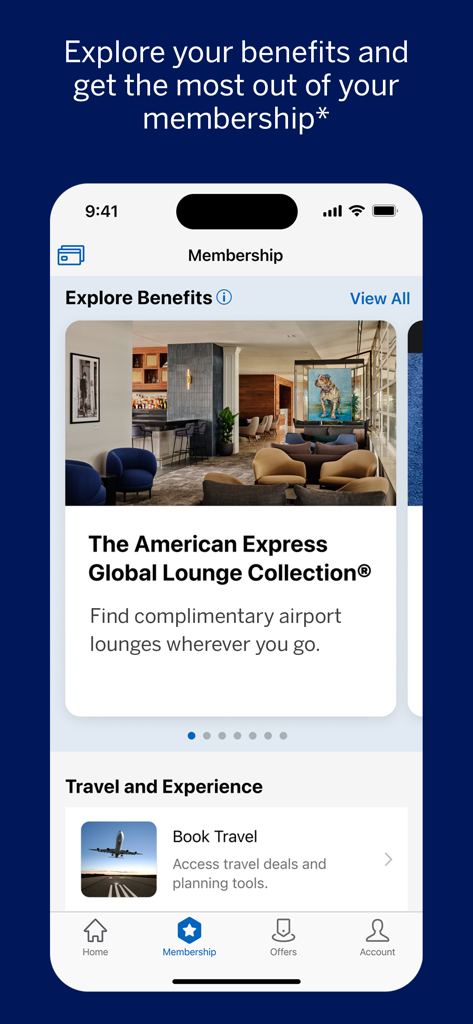 Tela de assinatura do aplicativo Amex mostrando coleção global de lounges e opções de reserva de viagens.