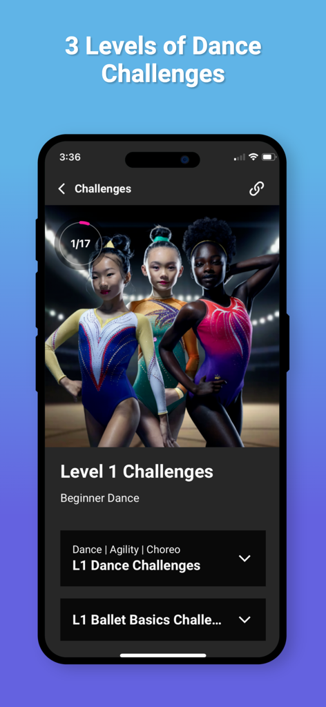 Level 1 beginner dance challenges screen in the Dance For Gymnastics app