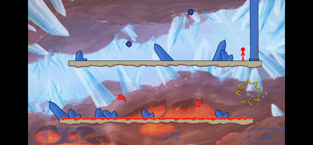 A red stick figure character navigating a crystal cave level with lava in Trace 2