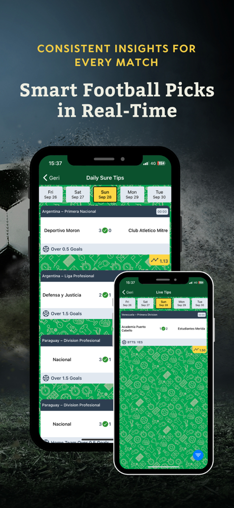 Vip Betting Tips app interface showing real time football predictions and daily sure tips for sports matches.