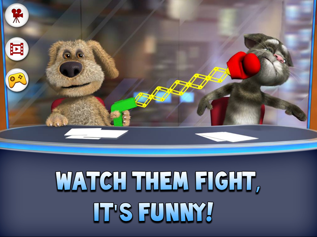 Talking Tom News for iPad - iPad版トーキング・トム・ニュースアプリのニュースデスクで、トーキング・ベンがバネ仕掛けのボクシンググローブを使ってトーキング・トムを殴っている様子。