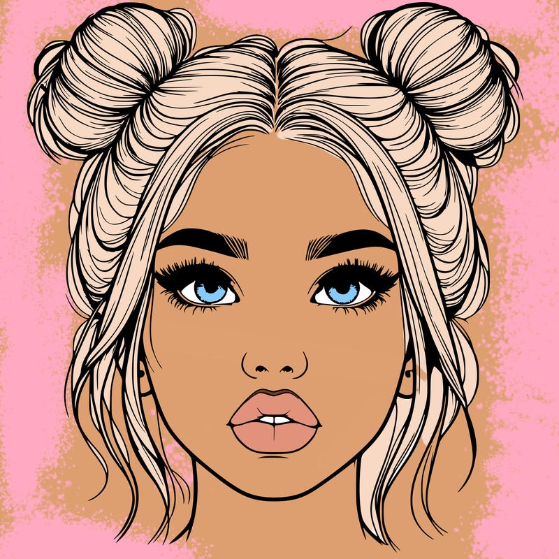 realistic girl with two buns on her hair and lips