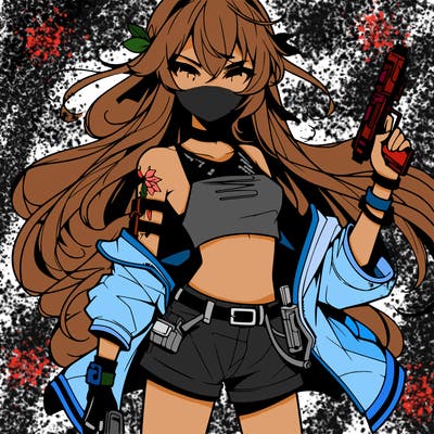 bad girl wearing crop top holding a gun long hair anime
