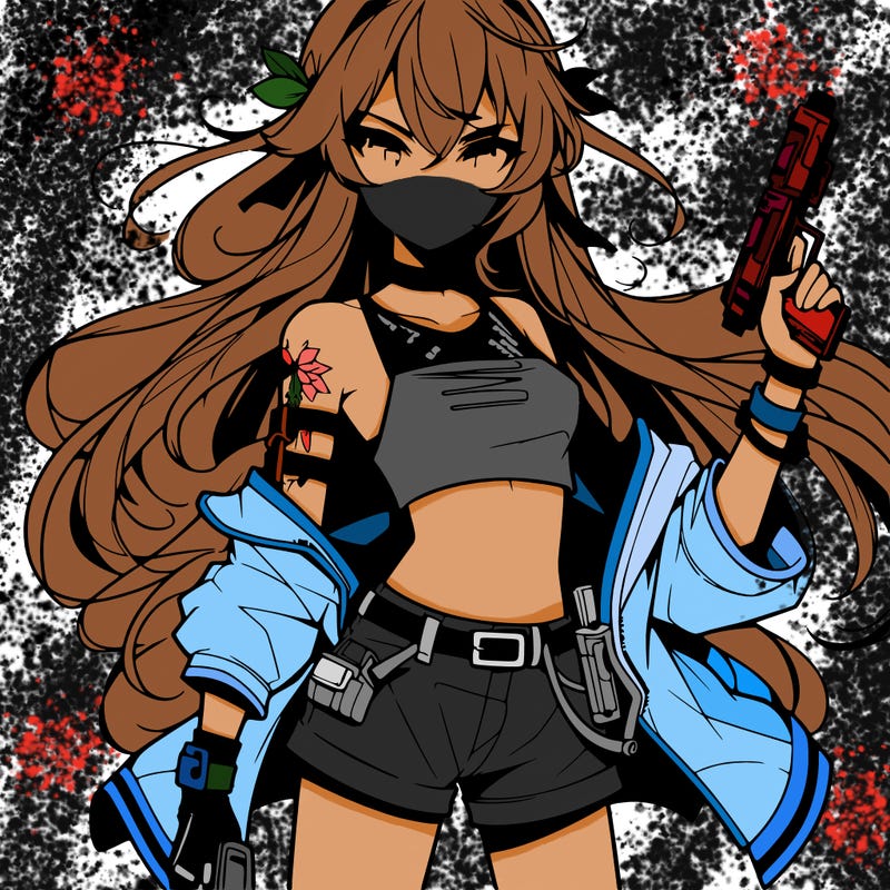 bad girl wearing crop top holding a gun long hair anime