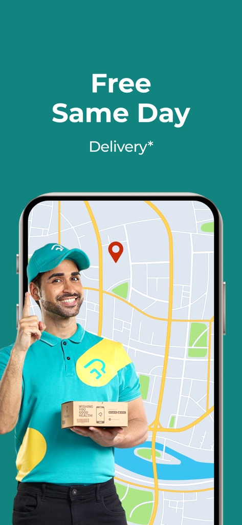 A PharmEasy delivery person holding a medical package in front of a map with free same day delivery text