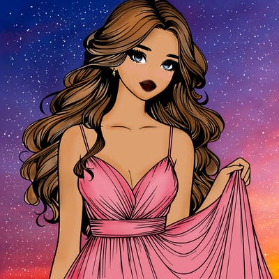 realistic girl in flowy silky prom dress