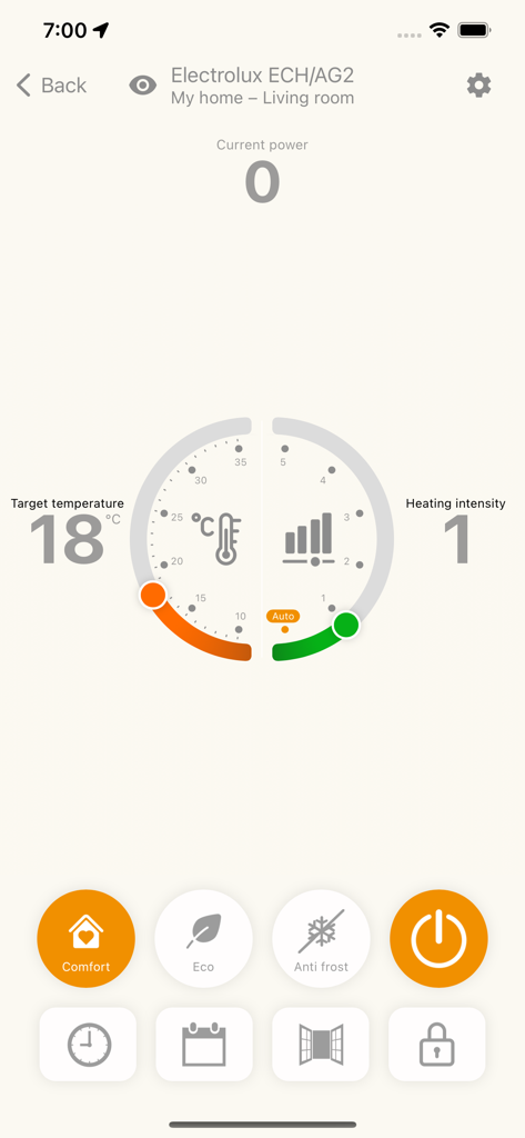 ClimatOn - Interfaz de la aplicación ClimatOn mostrando la configuración de temperatura y modo para un calefactor inteligente.