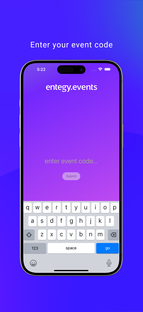 Smartphone screen showing the Entegy Events app interface for entering a unique event code with a mobile keyboard.