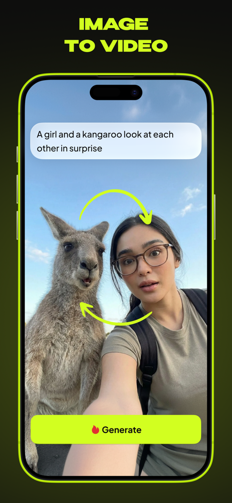 Qontrast AI: Video Generator - Interface of Qontrast AI showing the image to video feature with a prompt of a girl and a kangaroo.