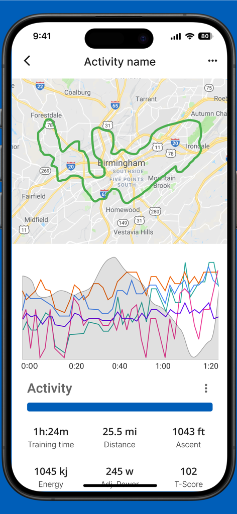 Stages Cycling - Interfaz de la aplicación Stages Cycling que muestra un resumen del recorrido con un mapa GPS y gráficos de datos de rendimiento