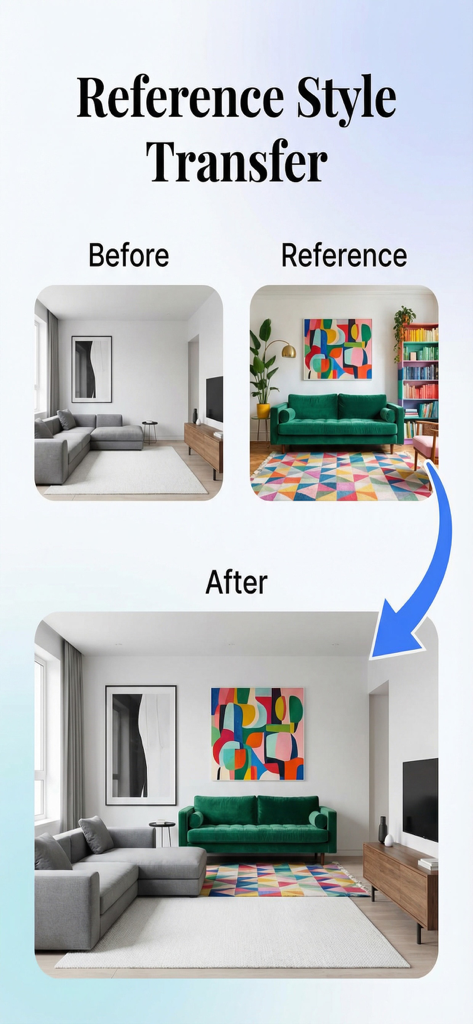 AI Home Design: Makeover,Decor - Aplicación de diseño de interiores con IA que muestra el antes y el después de una habitación con transferencia de estilo.