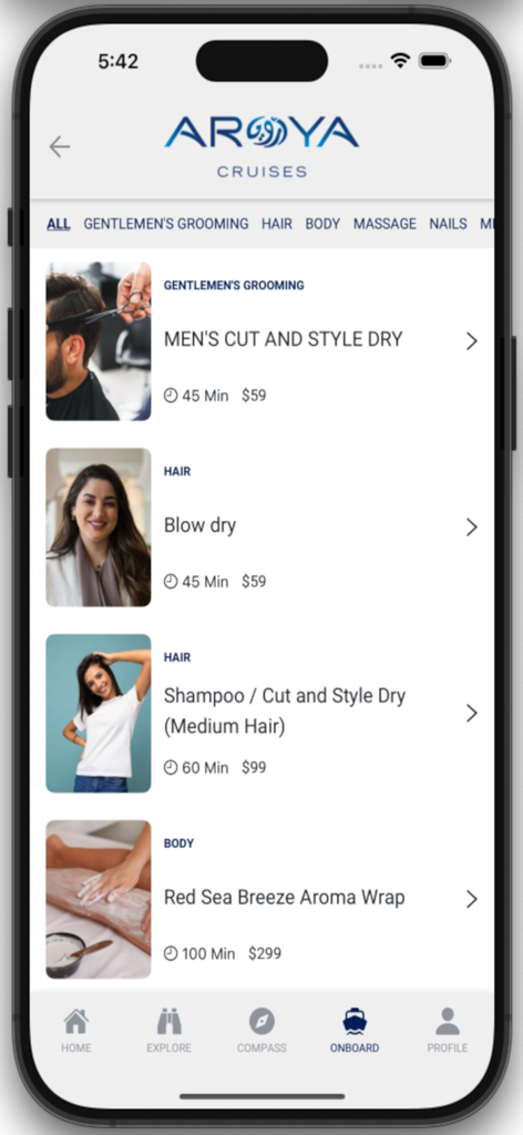 Interface do aplicativo AROYA Cruises mostrando serviços de spa e cuidados a bordo com preços