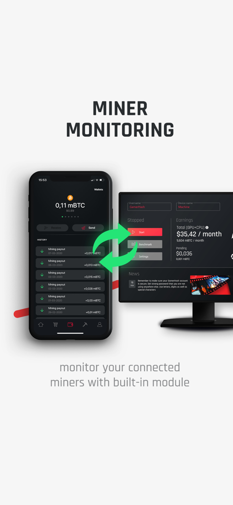 Aplicación GamerHash mostrando la monitorización de mineros y las recompensas de Bitcoin en pantallas de smartphone y escritorio