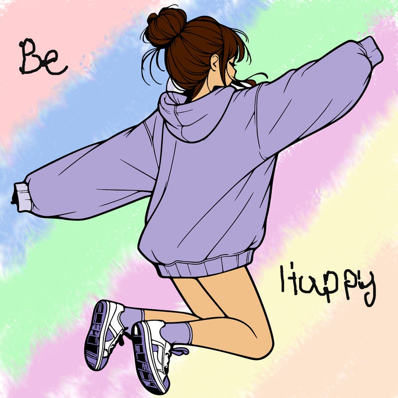 realistic girl jumping with a bun and oversized sweatshirt
