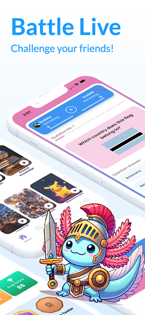 Quiz Arena - Trivia Questions - Live trivia battle in the Quiz Arena app featuring a flag question and a cute warrior mascot.