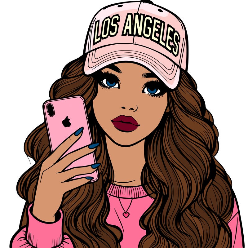 realistic beautiful girl wearing los ángeles cap holding an iphone