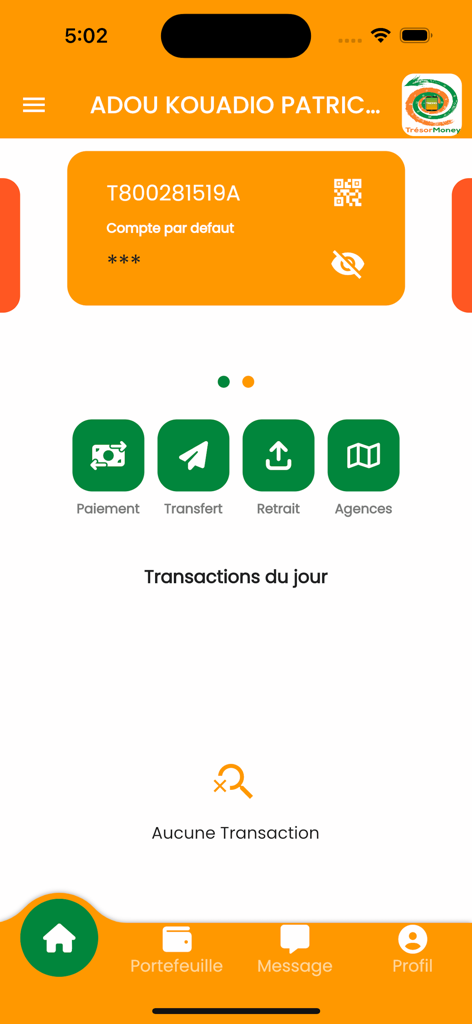 Tresor Money app dashboard showing account overview and financial transaction icons