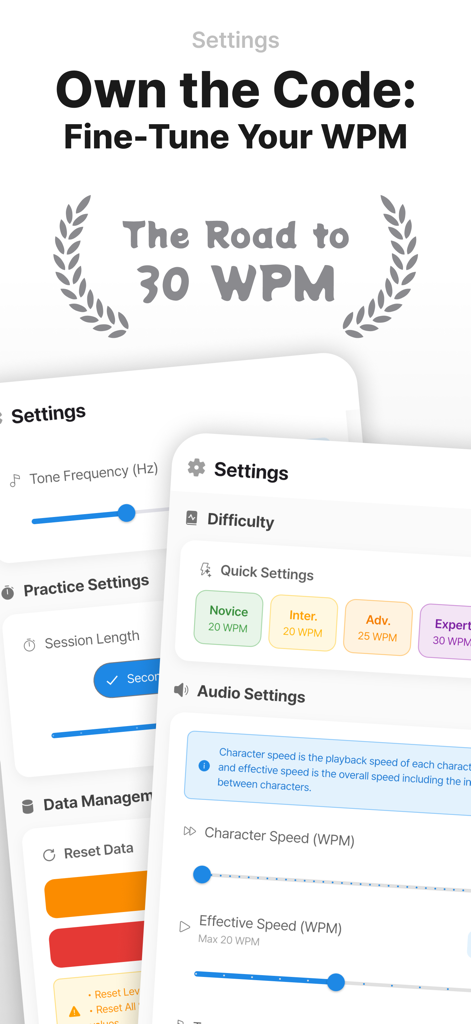 DS1UOV's Morse Trainer w/ Koch - Tela de configurações do aplicativo treinador de código Morse mostrando velocidade de WPM e controles de ajuste de frequência de tom