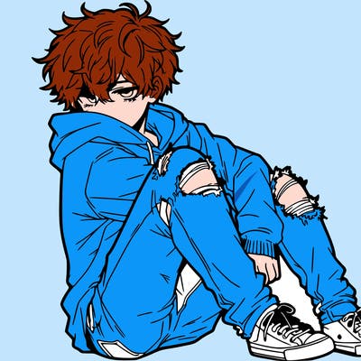 a male hoddie ripped jeans messy hair anime