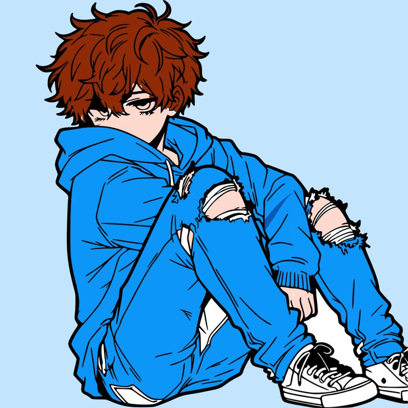 a male hoddie ripped jeans messy hair anime