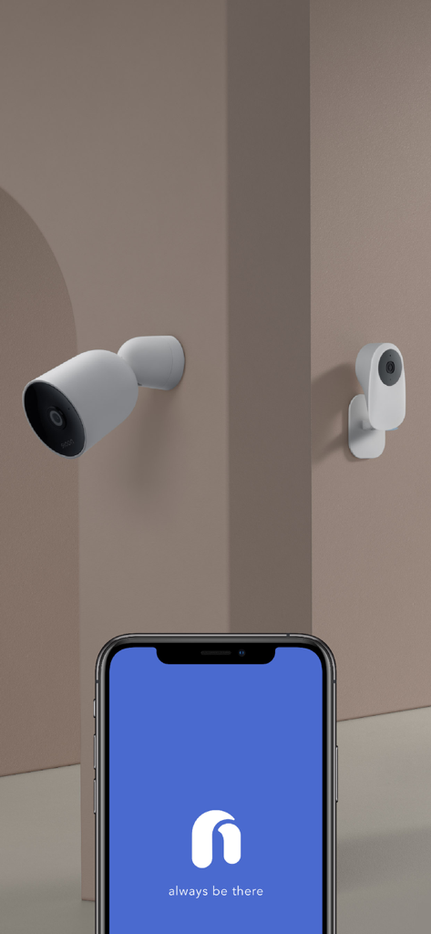 Nooie - Nooie App Splashscreen auf einem Smartphone mit minimalistischen Smart-Sicherheitskameras