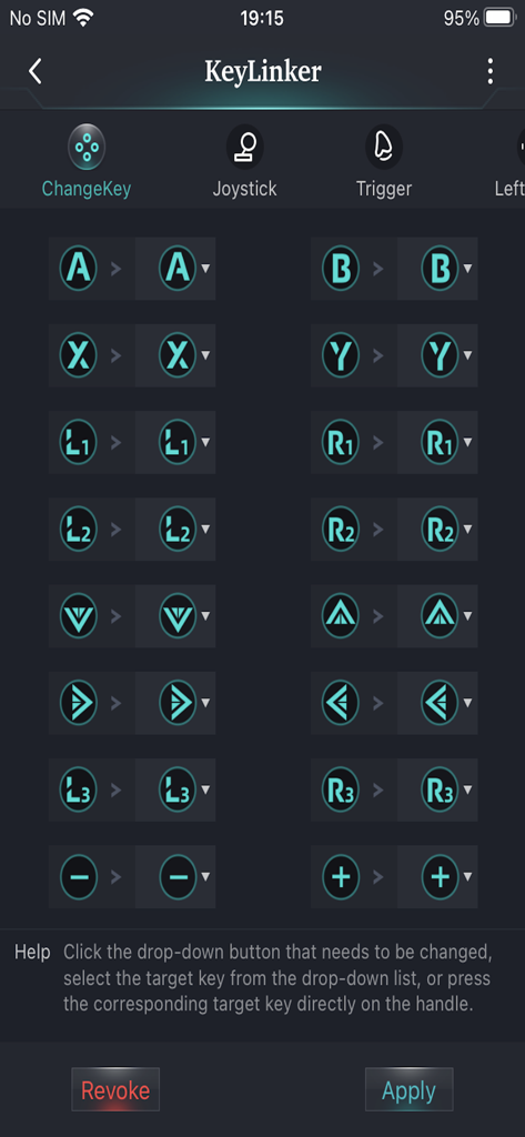Interface of the KeyLinker app showing the button remapping feature for mobile game controllers.