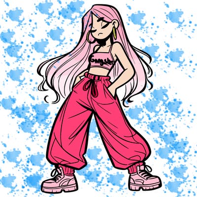 girl in baggy pants crop top and long hair