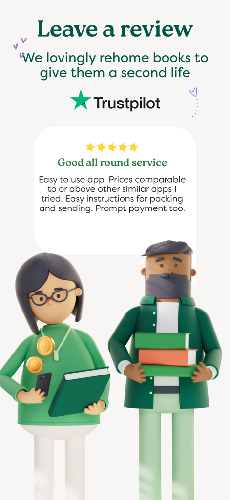 World of Books app customer review display with Trustpilot rating and 3D illustrated characters.