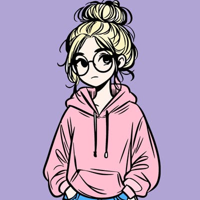 teen girl with a messy bun and glasses wearing a loose hoodie and jeans