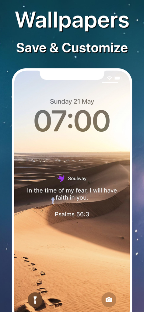 Soulway - Daily Bible Verse - Smartphone lock screen featuring a Bible verse from Psalms on a serene desert landscape background from the Soulway app