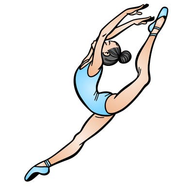 gymnast doing a leap in a leotard with a bent back leg