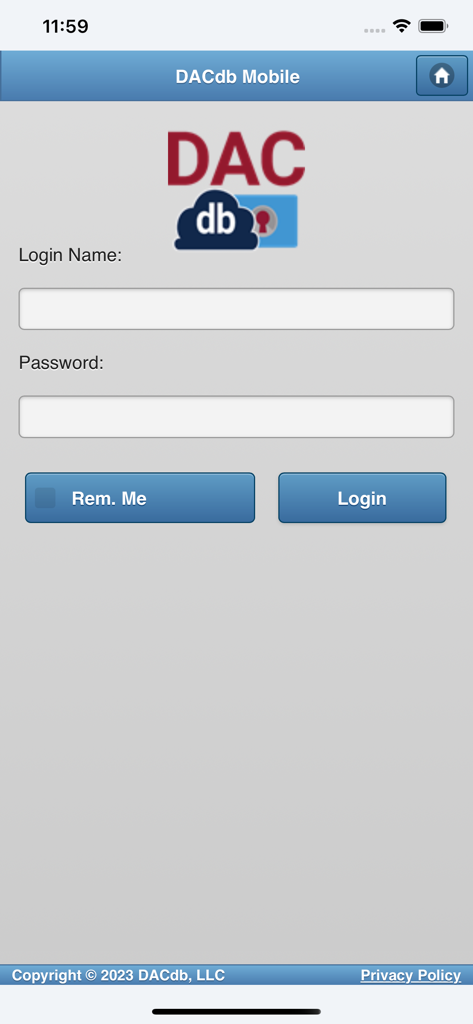 DACdb Mobile - Login screen for the DACdb Mobile app with username and password input fields
