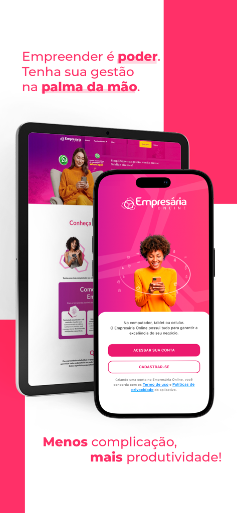 Empresária Online - Aplicativo Empresaria Online exibido em um smartphone e tablet para gerenciamento de negócios