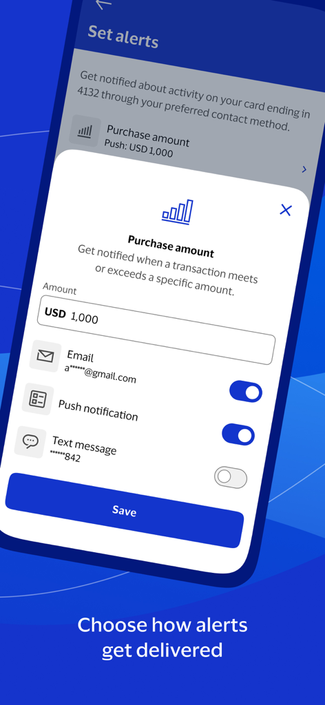 Interface for customizing purchase amount alerts and notification delivery methods in the Visa Purchase Alerts app