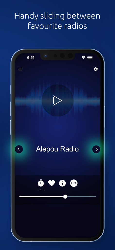 Greek radio app interface showing Alepou Radio with navigation arrows for favorites