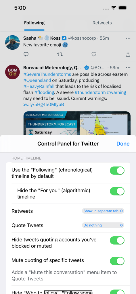 Settings menu of Control Panel for Twitter extension on iPhone showing options to customize the home timeline and hide algorithmic content.