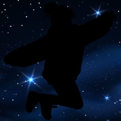 realistic girl jumping with a bun and oversized sweatshirt