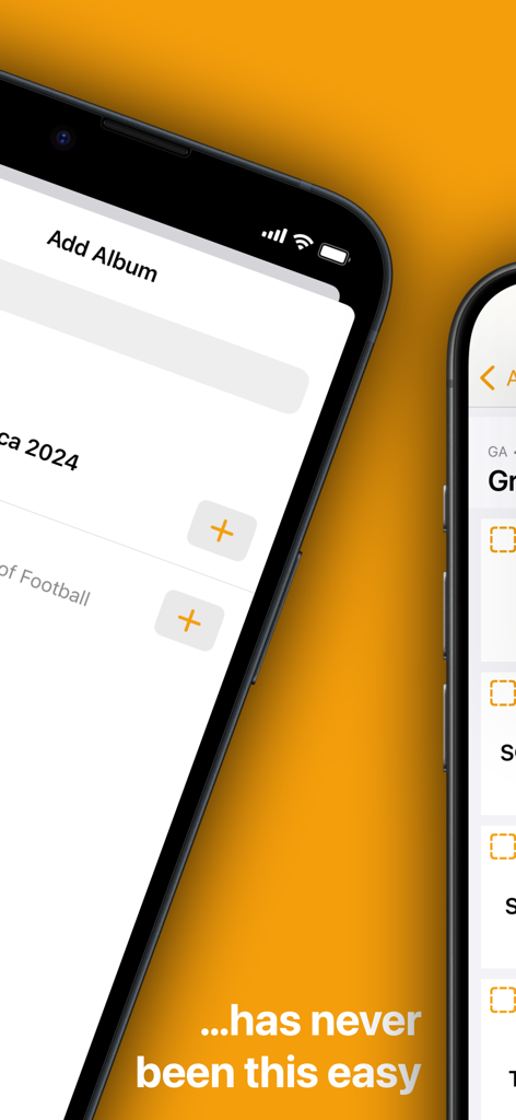 Stickers - Collect & Swap - Deux écrans d'iPhone montrant l'interface d'ajout d'album et de gestion de collection de l'application Stickers.