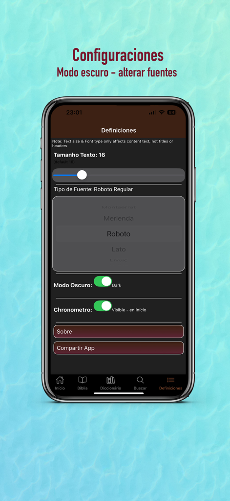 Biblia Reina Valera 1909 - Écran des paramètres de l'application Bible Reina Valera montrant le mode sombre et les options de personnalisation de la police.