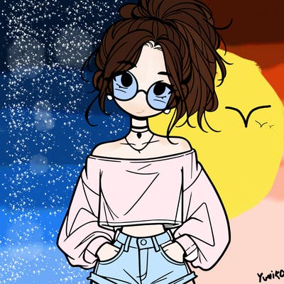 girl with a messy ponytail glasses a baggy crop top and jean shorts