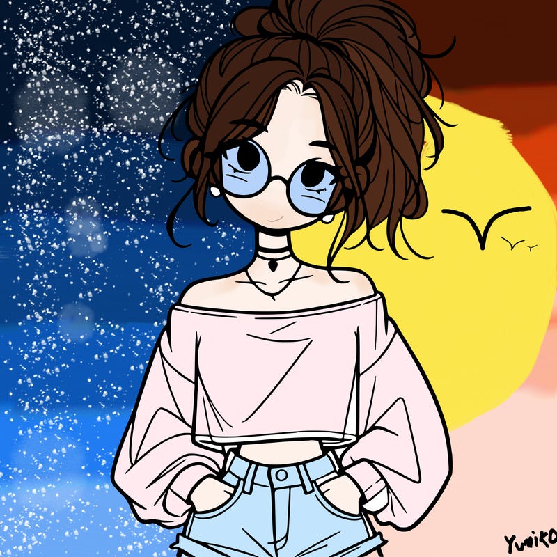 girl with a messy ponytail glasses a baggy crop top and jean shorts