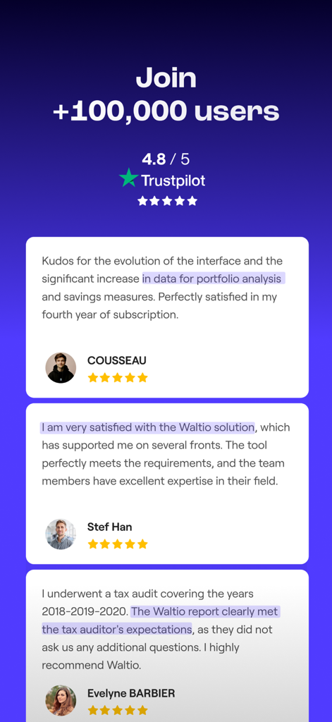Waltio: Crypto Portfolio & Tax - Reseñas de usuarios y calificación de Trustpilot para la aplicación de cartera y impuestos de criptomonedas Waltio, mostrando testimonios de más de cien mil usuarios