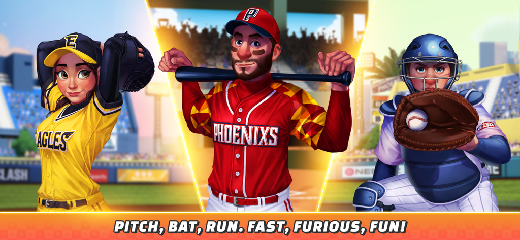 Baseball Clash: Real-time game - Three unique baseball players representing pitcher batter and catcher in Baseball Clash