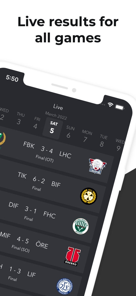 SHLive - Mobile app screen showing live scores and game results for the Swedish Hockey League