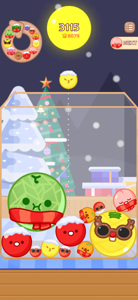 Gameplay of Melon Maker showing cute fruits with winter skins in a merge puzzle