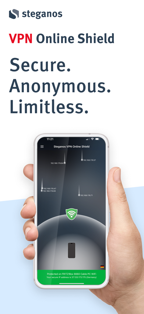 Steganos VPN Online Shield mobile app on iPhone showing secure and anonymous browsing features