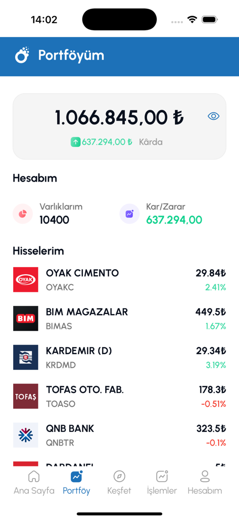 Écran de portefeuille de l'application MT Trade affichant le solde total et les investissements en actions