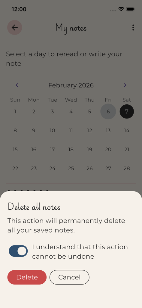 Um modal de confirmação no aplicativo Ami Note para excluir todas as notas salvas com um botão de alternância para confirmar o entendimento