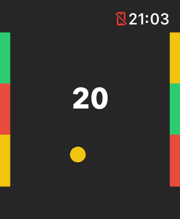 Arcade color matching game on Apple Watch interface showing a score of 20 and colored blocks